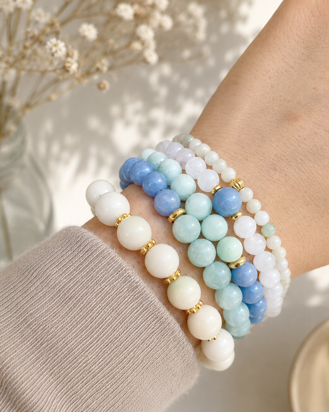 Ocean Breeze Bracelet Stack | Angelite, Aquamarine & White Jade Bracelet Set