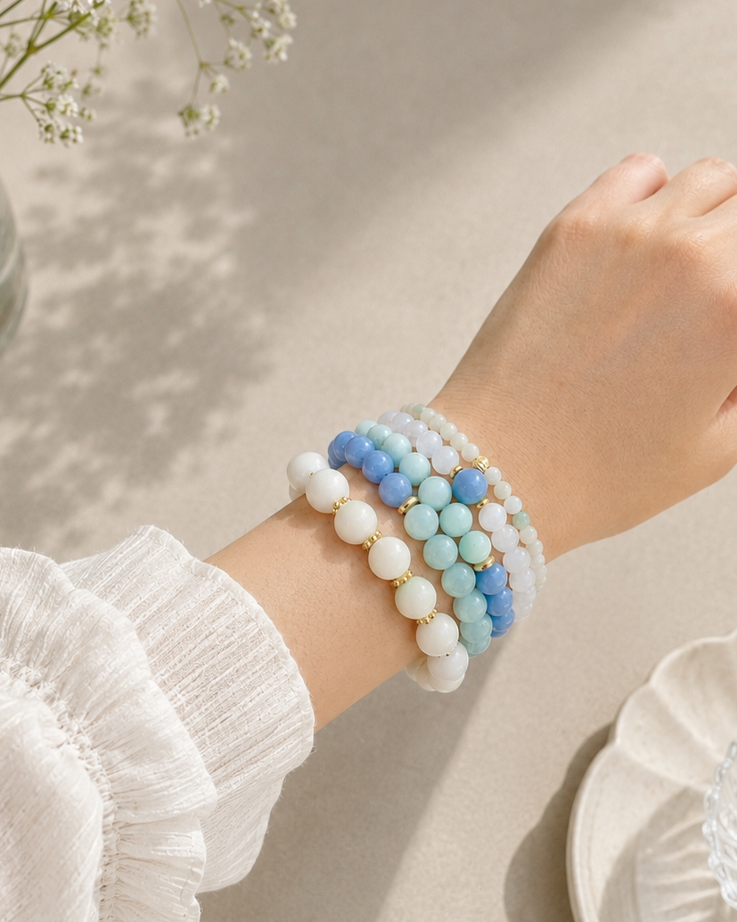 Ocean Breeze Bracelet Stack | Angelite, Aquamarine & White Jade Bracelet Set