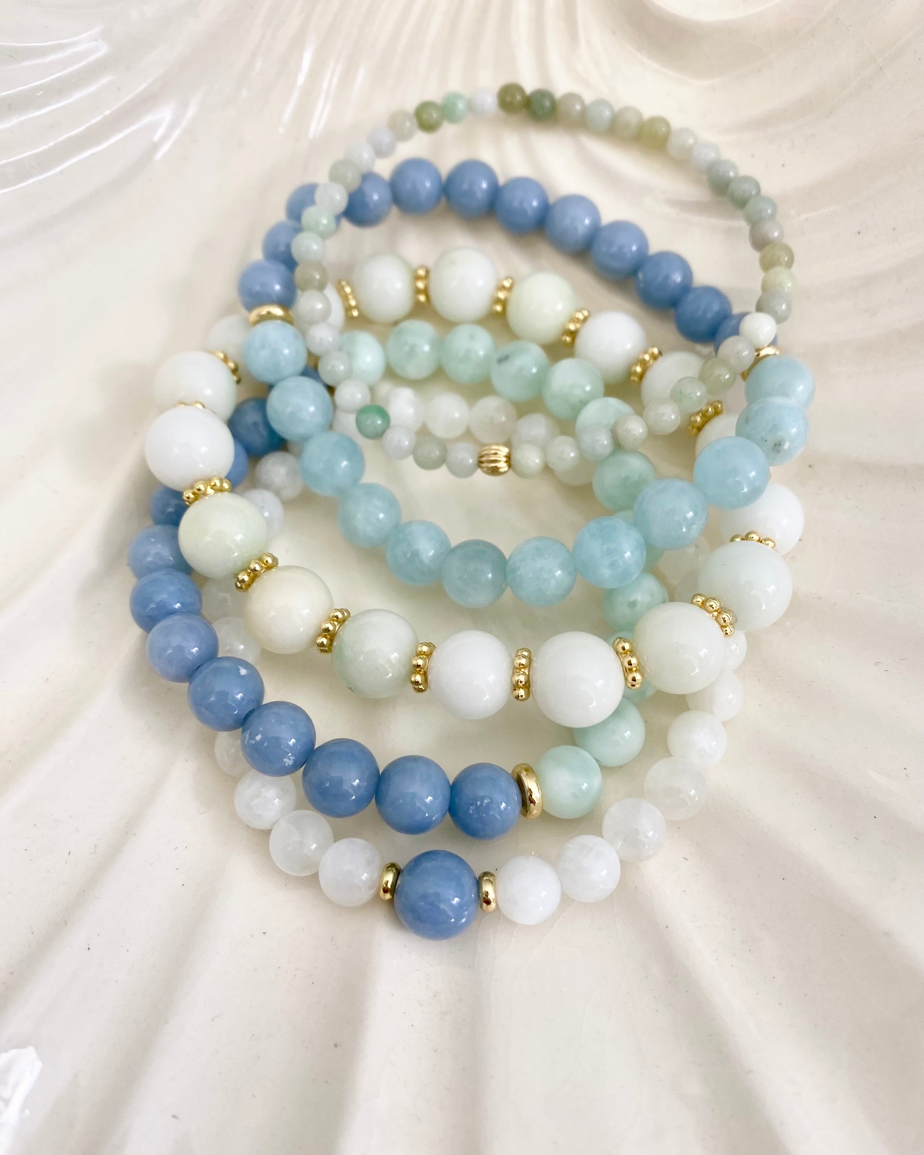 Ocean Breeze Bracelet Stack | Angelite, Aquamarine & White Jade Bracelet Set