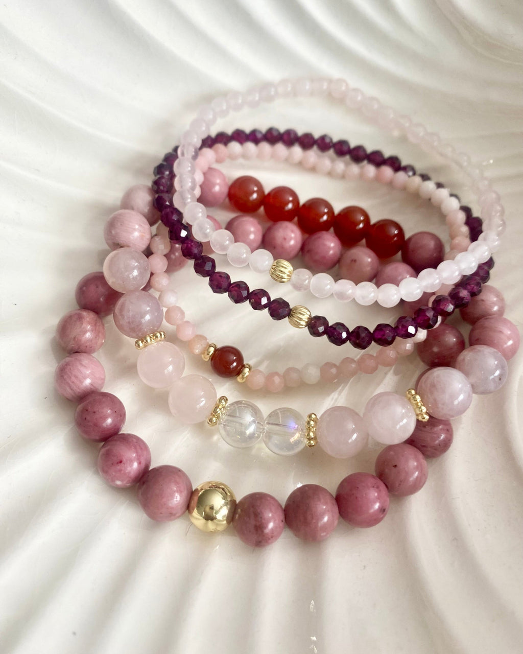 Love Gemstone 5pc Bracelet Set: Rose Quartz Bracelet Stack: 14k Gold-Filled, Rhodonite & Garnet