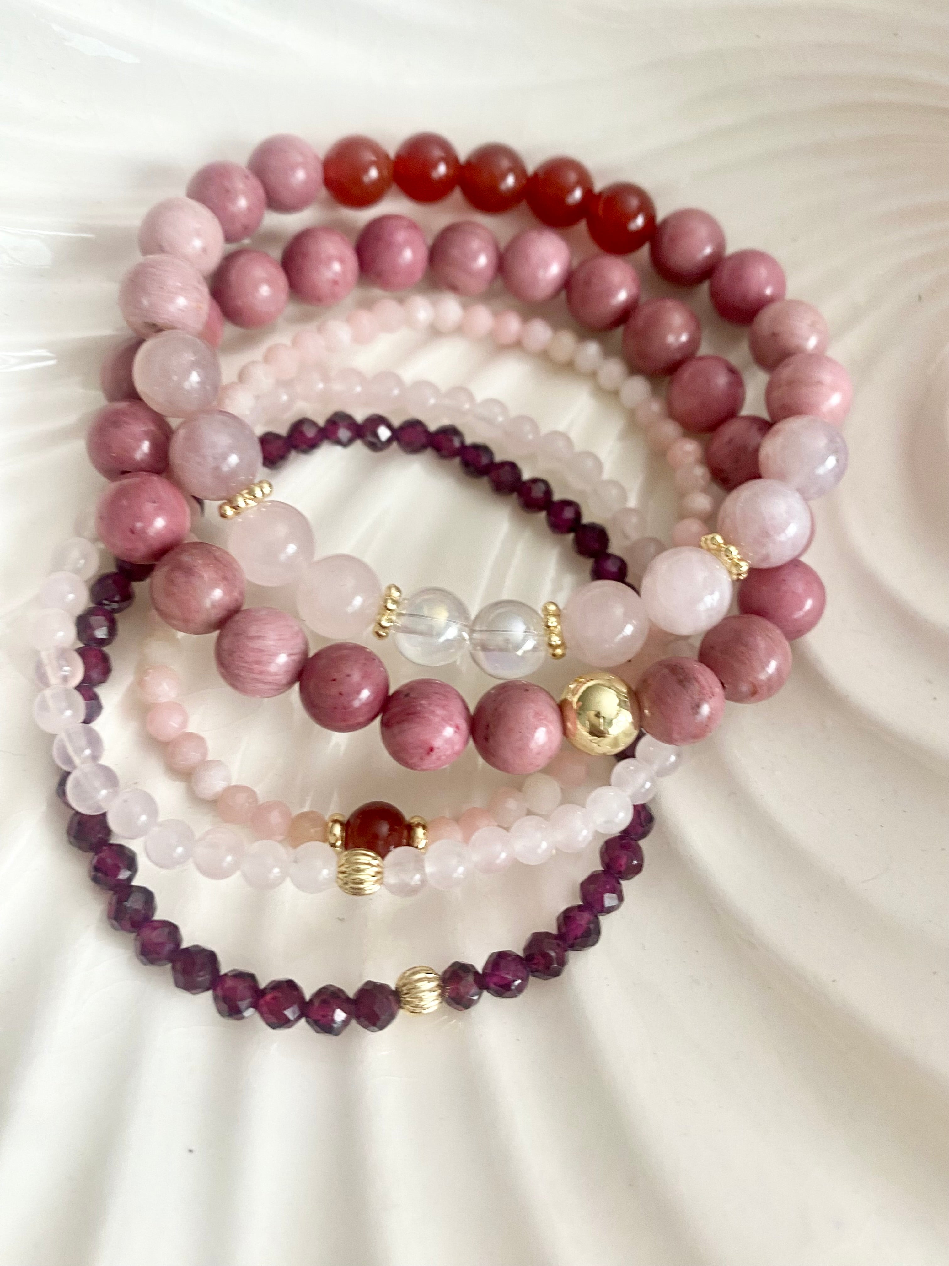 Love Gemstone 5pc Bracelet Set: Rose Quartz Bracelet Stack: 14k Gold-Filled, Rhodonite & Garnet