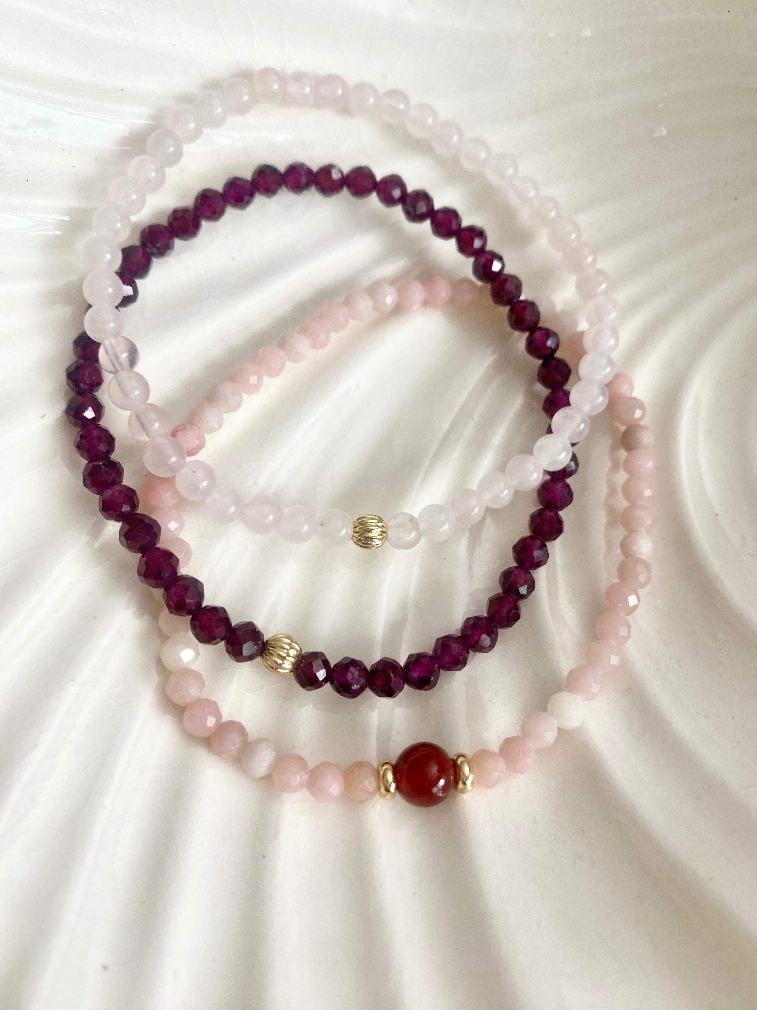 Love Gemstone 5pc Bracelet Set: Rose Quartz Bracelet Stack: 14k Gold-Filled, Rhodonite & Garnet