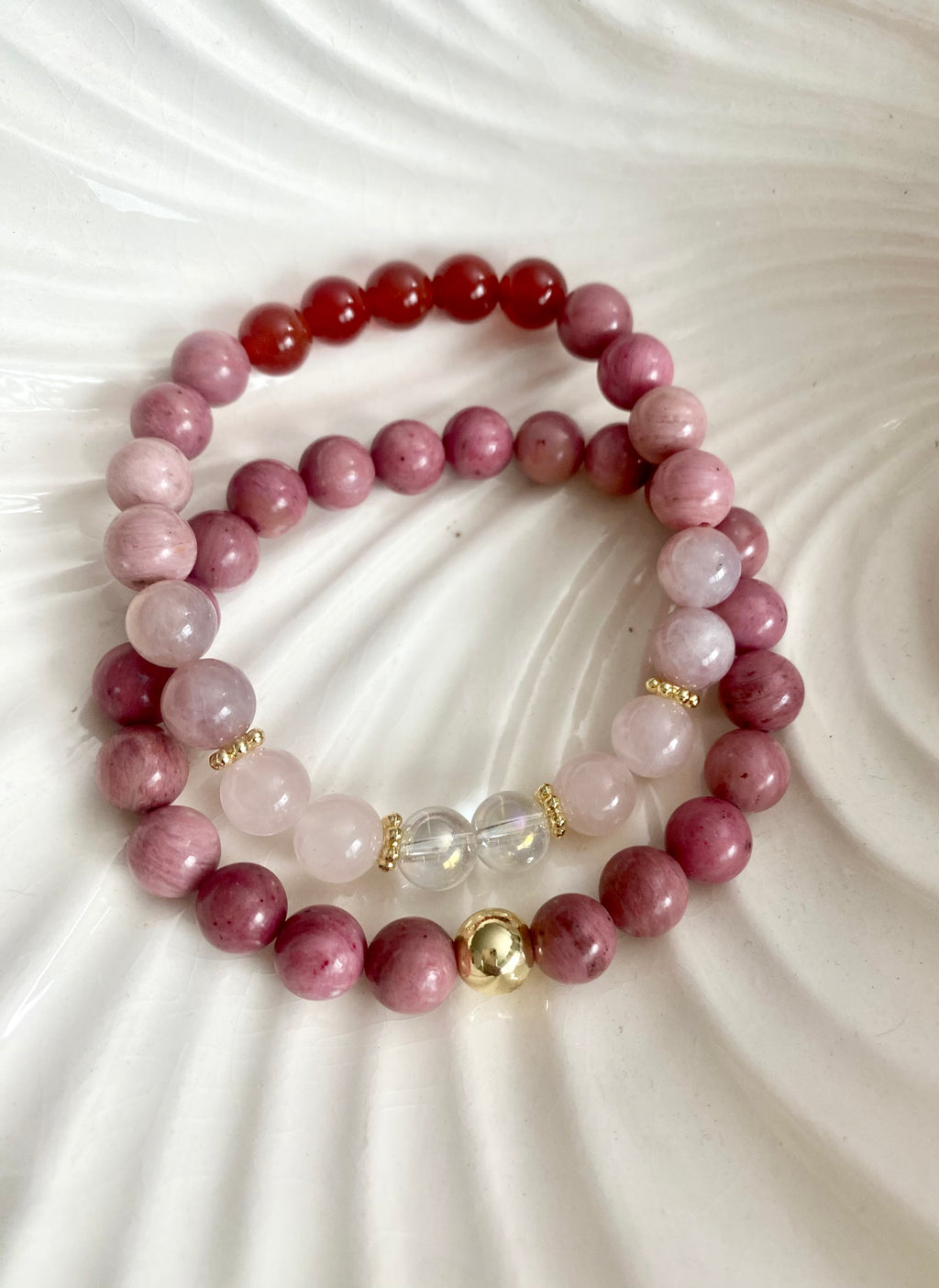 Love Gemstone 5pc Bracelet Set: Rose Quartz Bracelet Stack: 14k Gold-Filled, Rhodonite & Garnet
