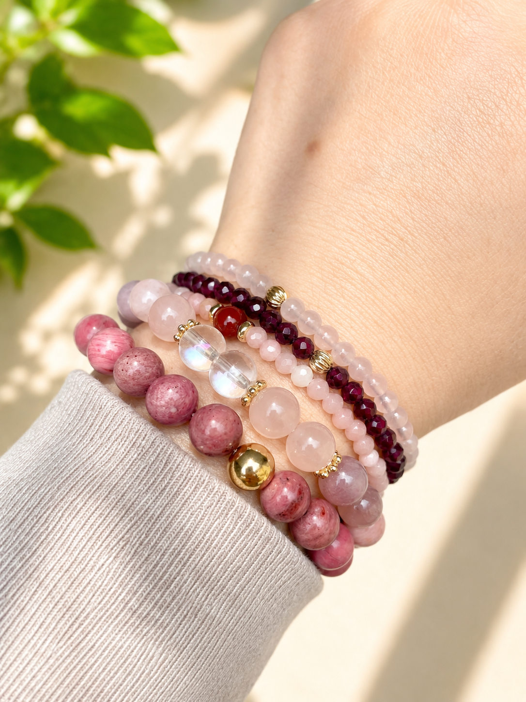 Love Gemstone 5pc Bracelet Set: Rose Quartz Bracelet Stack: 14k Gold-Filled, Rhodonite & Garnet